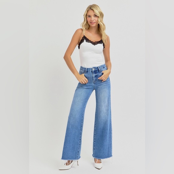 Tummy Control High Rise Medium Wash Wide Leg Jeans - Risen - Picture 1 of 7